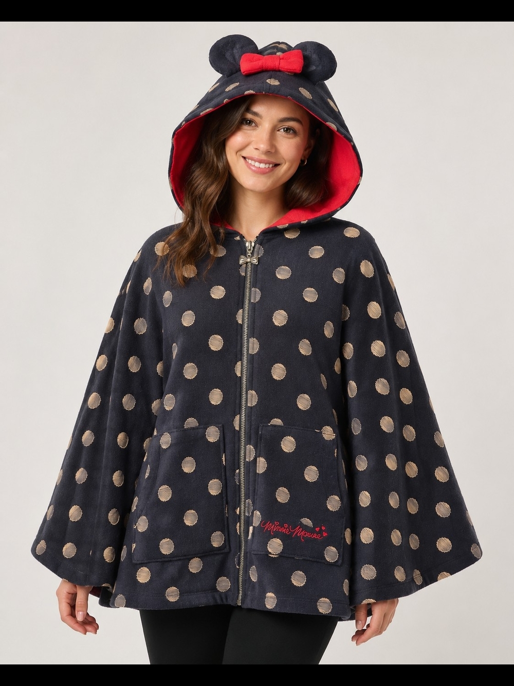 Disney Parks Poncho Minnie Mouse Hooded Cape Hoodie M/L Polka Dot Ears Bow Zip